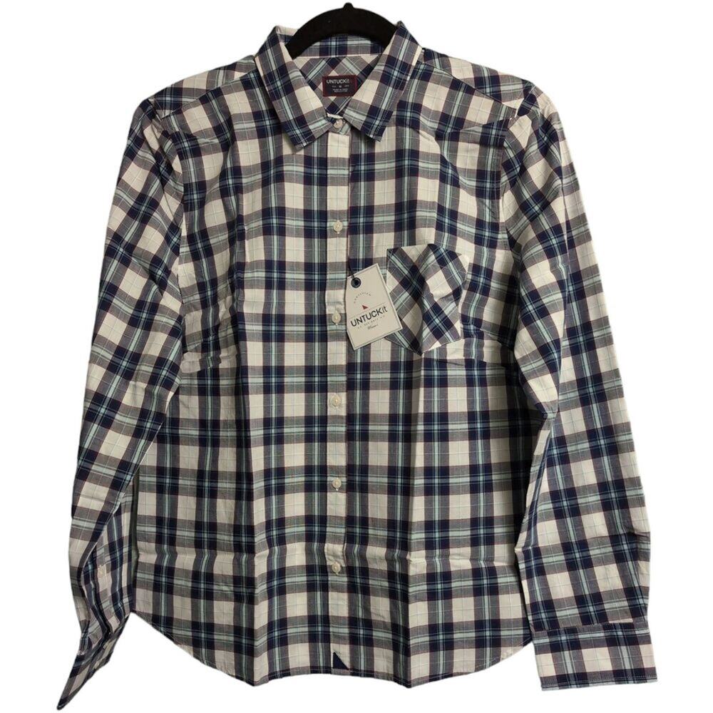 NWT UNTUCKit Sorbo Blue Plaid Long Sleeve Button Up Cotton Shirt Womens Size 10